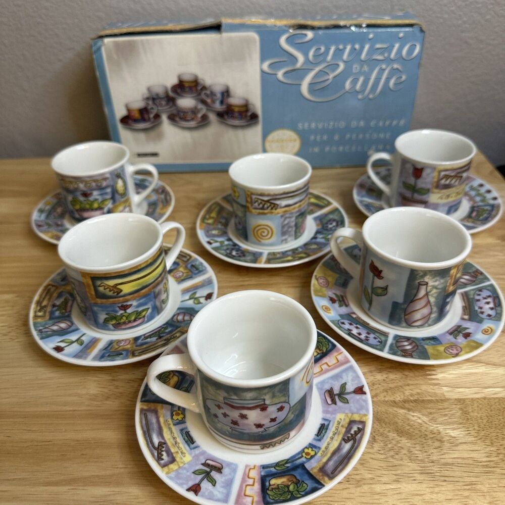 Servizio Da Caffe Fine Master Porcelain 6 Person Set 6 Cups & 6 Saucers Cottage